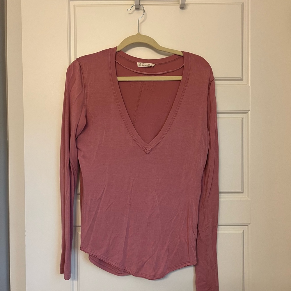We The Free Pink Ribbed Fitted Long Sleeve Blouse